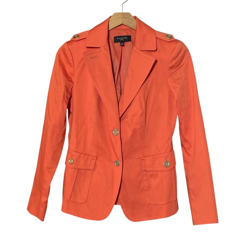 Talbots Women 2P XS Blazer Orange Cotton Blend Military Style Gold Button Preppy